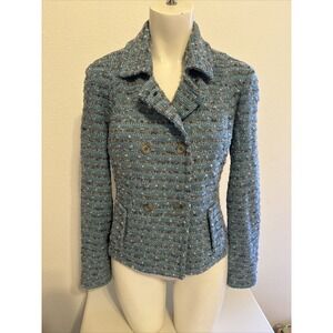 ST.  JOHN COLLECTION Blue Tweed Boucle Collar Double Breasted‎ Jacket 6 USA